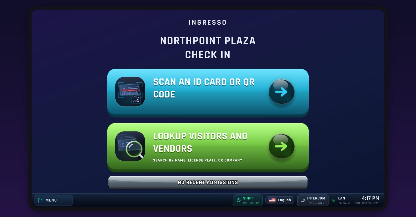 Ingresso Attendant Station check-in screen at a commercial property lobby