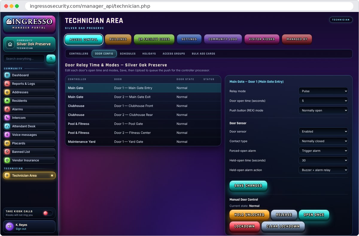 Door relay time, door sensor and alarm settings in the Ingresso Manager Portal