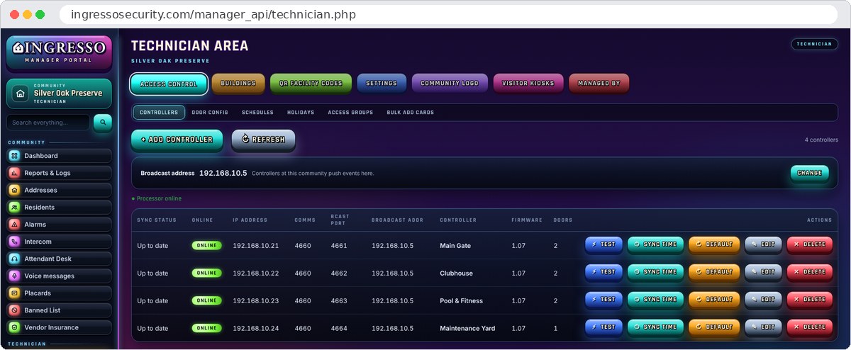 Controllers list in the Ingresso Manager Portal Technician Area showing four online controllers