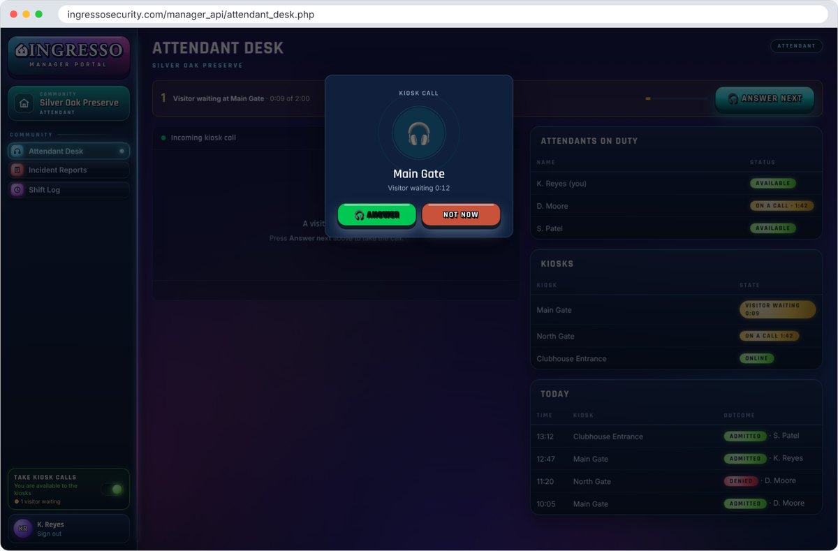 Attendant Desk in the Ingresso Manager Portal with an incoming kiosk call