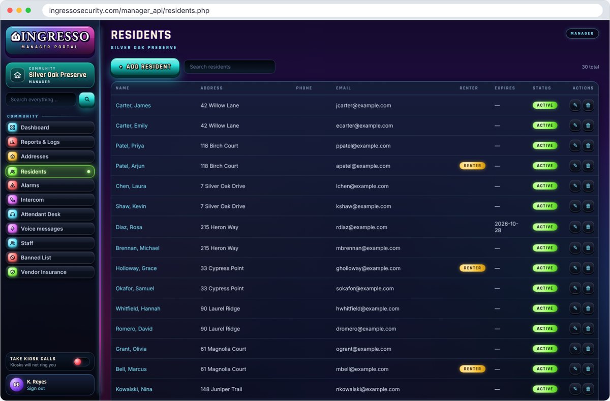 Residents list in the Ingresso Manager Portal