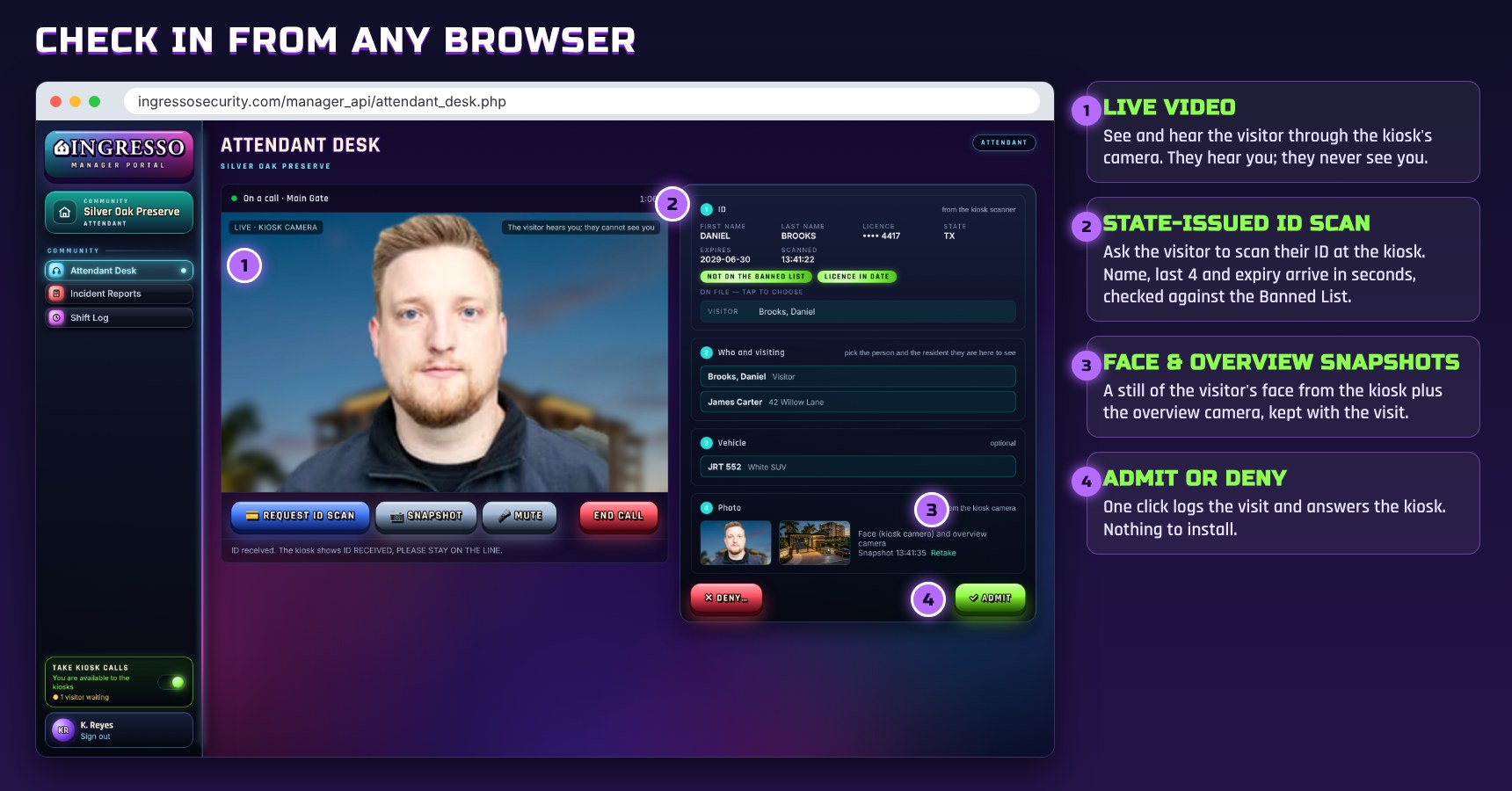 Remote attendant checking in a visitor from a web browser with live video, a state-issued ID scan and snapshots