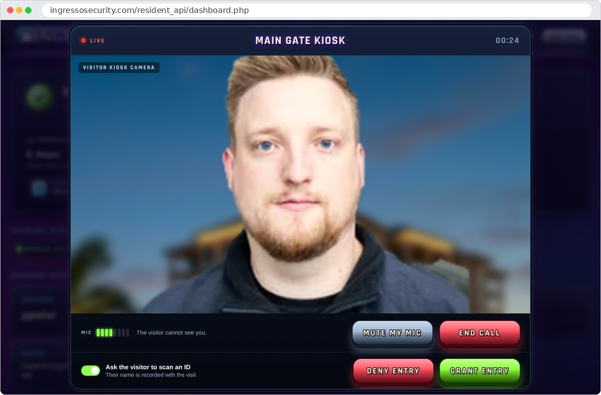 Live video from the Visitor Kiosk camera with Grant Entry and Deny Entry buttons in the Ingresso Resident Portal
